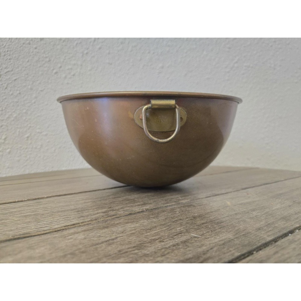 Vintage 8" Copper Egg White Mixing Bowl Brass D Ring Handle Rounded Bottom Korea